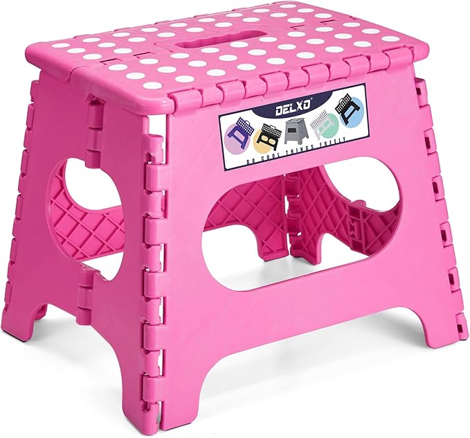 Delxo Folding Step Stool,11 Inch Non-Slip Foldable Step Stools for Kids and Adult,Portable Lightweight Small Folding Stool with Handle for Kitchen Bathroom in Pink,1 Pack by Delxo