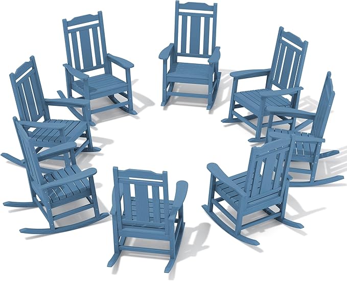 SERWALL Outdoor Rocking Chair Blue Set of 8, All Weather Patio Rocking Chair, HDPE Poly Rocking Chair for Adults, Heavy Duty Front Porch Rocker by SERWALL