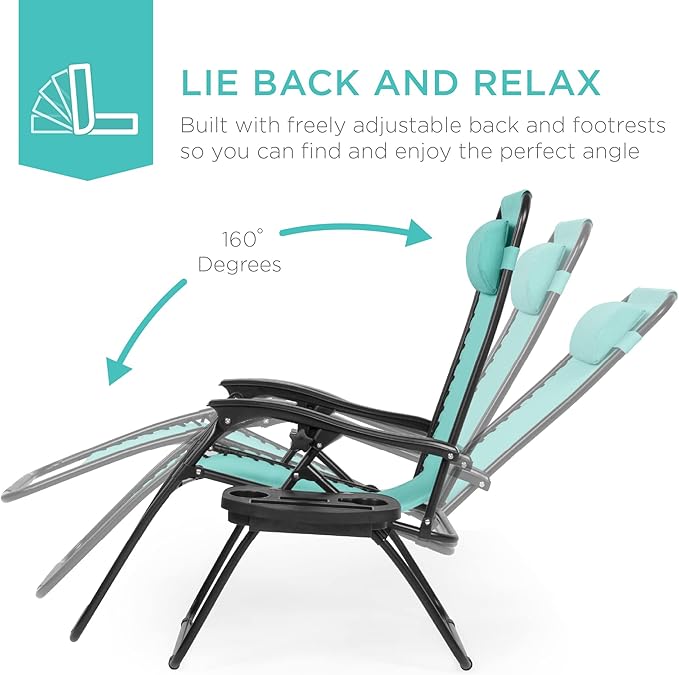 Best Choice Products Set of 2 Adjustable Steel Mesh Zero Gravity Lounge Chair Recliners w/Pillows and Cup Holder Trays - Mint - Image 4