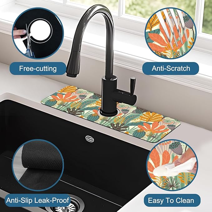 Abstract Leaves Sink Faucet Absorbing Mat Boho Leaves Super Absorbent Fast - Image 4