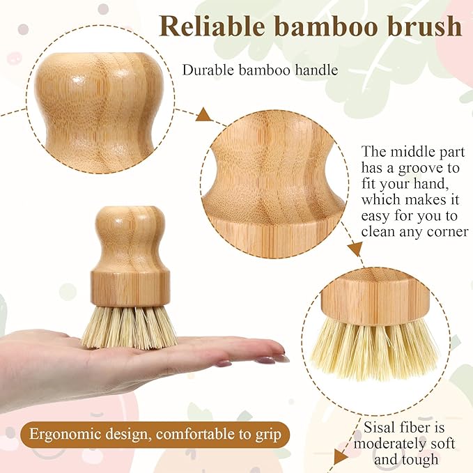 12 Pack Bamboo Dish Scrub Brushes Wooden Scrubbers Set Kitchen Palm Pot Brush - Image 3