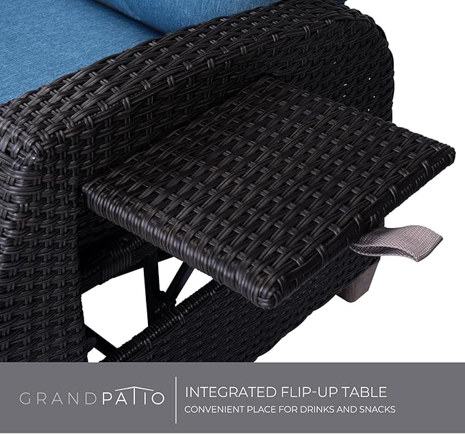 Grand patio Outdoor Recliner Chair Patio 150° Lay Flat Recliner with Flip Table Wicker Reclining Lounge Chair Peacock Blue - Image 6