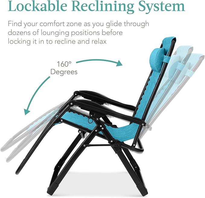 Best Choice Products Oversized Zero Gravity Chair, Folding Outdoor Patio Recliner, XL Anti Gravity Lounger w/Removable Cushion, Cup Holder, Side Tray, 350lb Capacity - Light Blue - Image 6