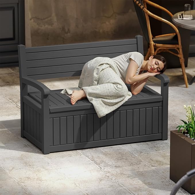 EasyUp 80 Gallon Wood Grain Style Outdoor Storage Bench, Waterproof and Lockable Deck Box Outdoor Storage Furniture for Patio,Garden,and Porch – Perfect for Storing Garden Tools and Cushions(Black) - Image 2