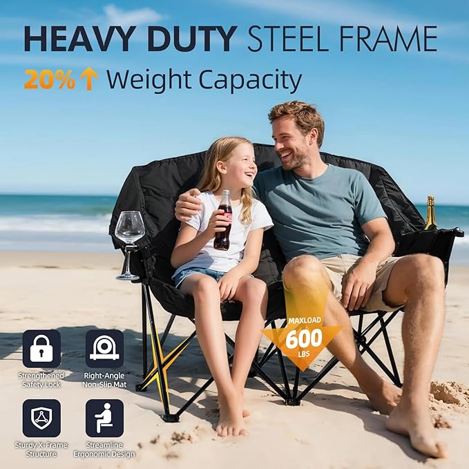 Double Camping Chair Padded Loveseat Chair for 2 Person - Heavy Duty Oversized Camping Couch for Adults Outdoor Sports Lawn Beach Portable Folding XL Chairs with Cup Holders and Carry Bag, All Black - Image 5