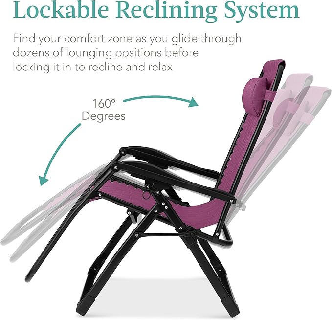 Best Choice Products Oversized Zero Gravity Chair, Folding Outdoor Patio Recliner, XL Anti Gravity Lounger w/Removable Cushion, Cup Holder, Side Tray, 350lb Capacity - Amethyst Purple - Image 6