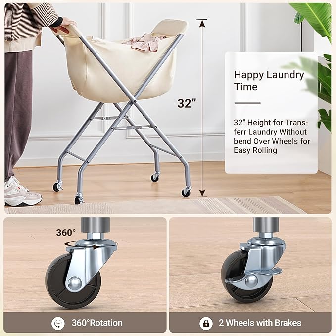 ELYKEN Laundry Cart with Wheels, 32”H Easy Rolling Laundry Hamper with - Image 2
