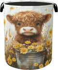 Cute Highland Cow Flower Foldable Canvas Laundry Basket by Gearsly