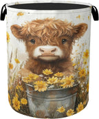 Cute Highland Cow Flower Foldable Canvas Laundry Basket by Gearsly