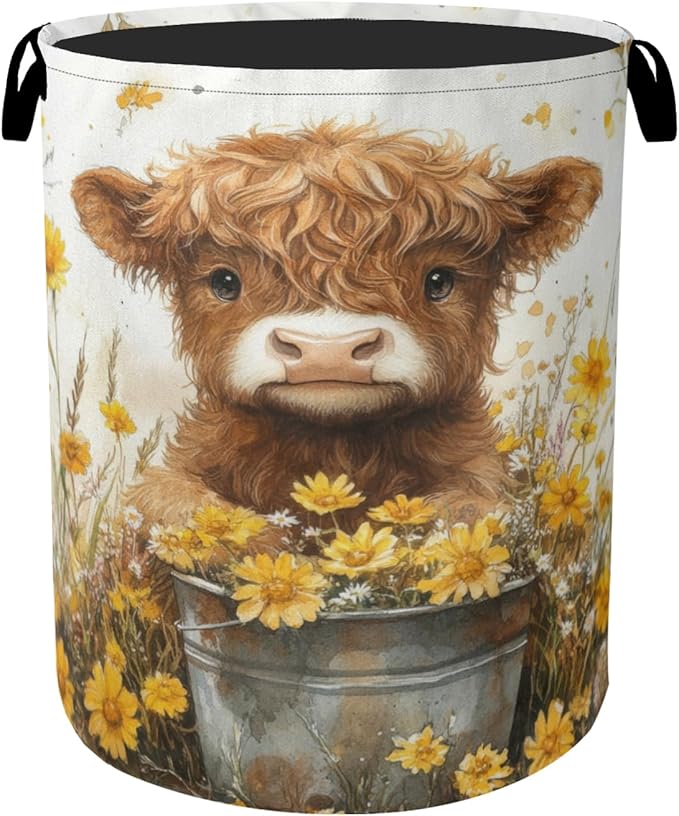 Cute Highland Cow Flower Foldable Canvas Laundry Basket by Gearsly