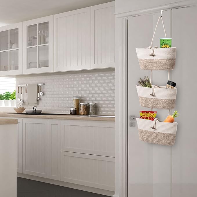 Over the Door Basket Cotton Rope Organizer, 3-Tier Wall Hanging Storage Basket - Image 6