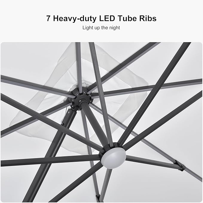 PURPLE LEAF 10 Feet Patio Umbrella with Base Outdoor Cantilever Solar Powered LED Square Umbrella Aluminum Offset Umbrella with 360-degree Rotation for Garden Deck Pool Patio White - Image 4