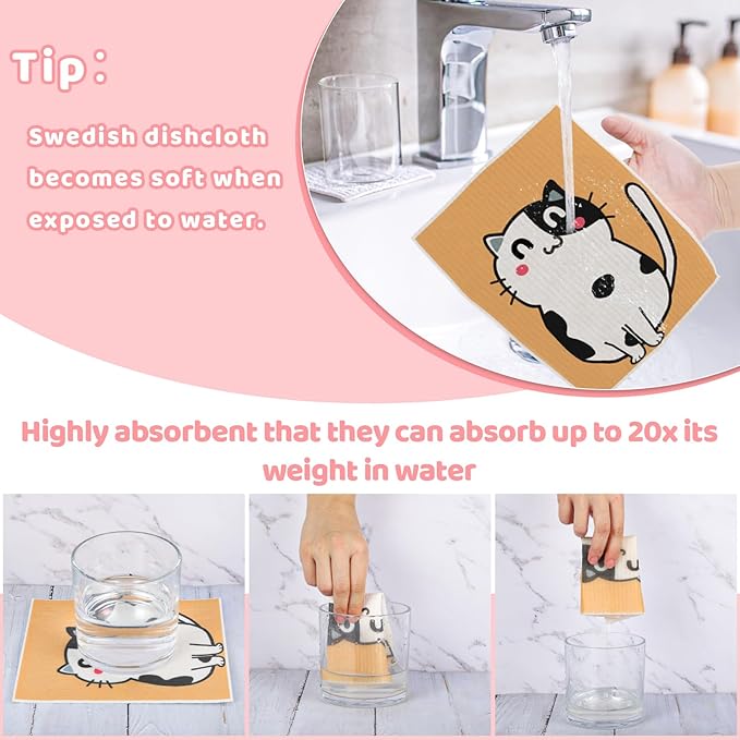 6 Pack Swedish Dishcloths for Kitchen, Cat Gifts for Cat Lovers Swedish Rags - Image 3