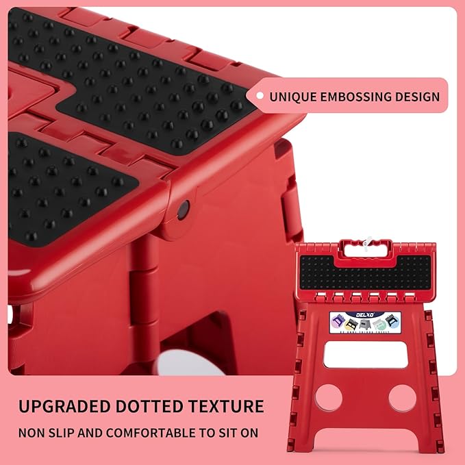Delxo Folding Step Stool,Non-Slip Stool 13 inch Height Premium Heavy Duty Foldable Stool for Kids and Adults,Kitchen Garden Bathroom Steppingstool 1 Pack in Red,Dotted Texture - Image 5