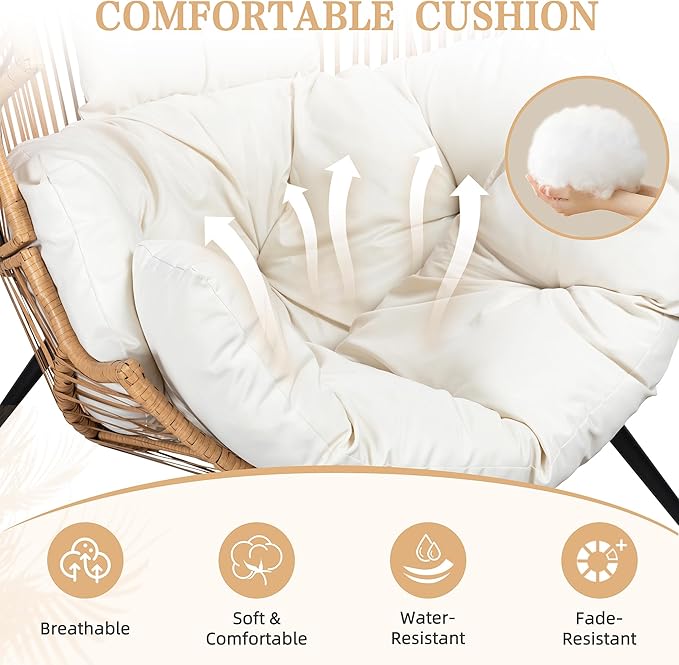 Vongrasig Wicker Egg Chair PE Rattan Chair with Cushion, Oversized Patio Lounge Chair for Outdoor, Indoor, Balcony, Backyard, Garden, Living Room, Beige - Image 5