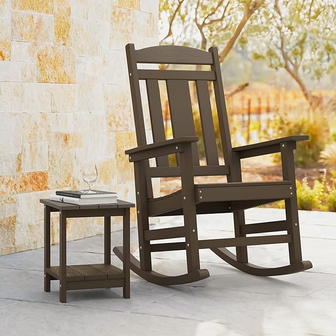 LUE BONA Outdoor Rocking Chairs Set of 2, Weather Resistant HDPS Poly Rocker Chairs, 350lb Heavy Duty, Oversized Porch Rocker for Adult, High Back Smooth Rocking Chair for Outdoor & Indoor, Brown - Image 6