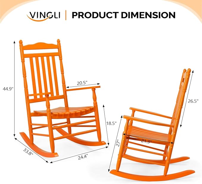 VINGLI Wooden Rocking Chair, Outdoor Chair with 450 lbs Support, Relaxing Rocker with Solid Wood High Back Seat Reclining Seat for Deck, Garden, Backyard, Porch, Indoor or Outdoor Use (Orange, 1PC) - Image 3