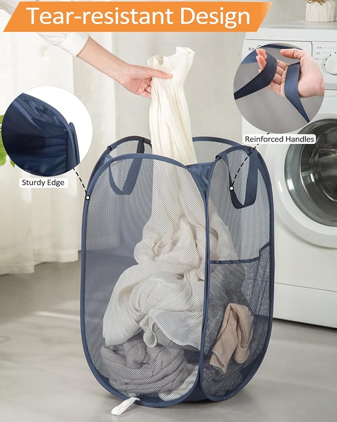 Navy Blue Durable Foldable Laundry Hamper, 22.8 x 14.2 x 14.2 inches - Image 3