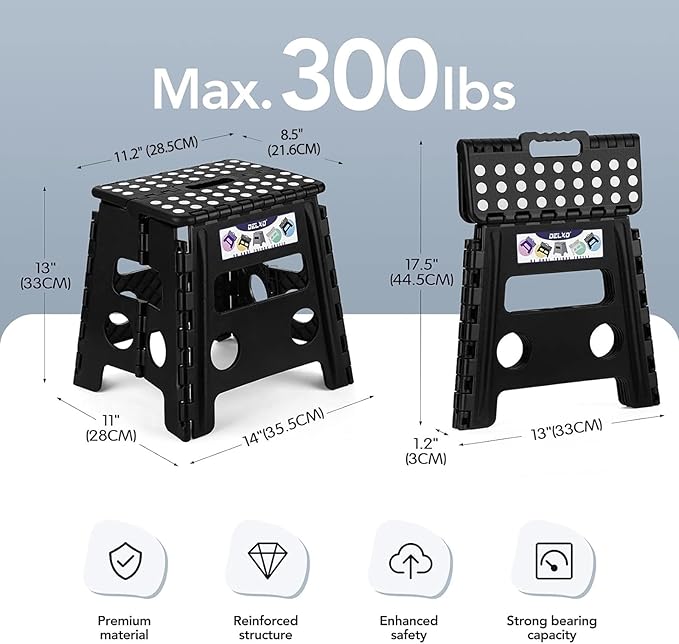 Delxo Folding Step Stool, 13 inch Non-Slip Foldable Stools Up to 300 LBS, Step Stool with Handle, Lightweight for Kitchen, Bathroom, Bedroom, Garden, Black, 1PC - Image 2