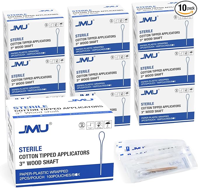 JMU Sterile Cotton Tipped Applicators, 2000 Sterile Cotton Swabs Wood Shaft by JMU
