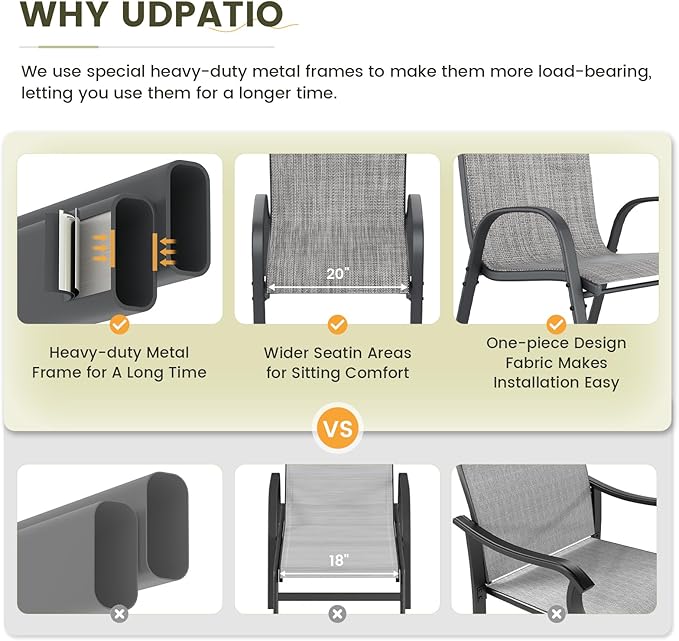 UDPATIO Patio Chairs Set of 6, Stackable Outdoor Dining Chairs for All Weather, Outdoor Furniture with Breathable Textilene Fabric, 350LBS Capacity, for Garden, Backyard, Deck (Light Grey) - Image 7