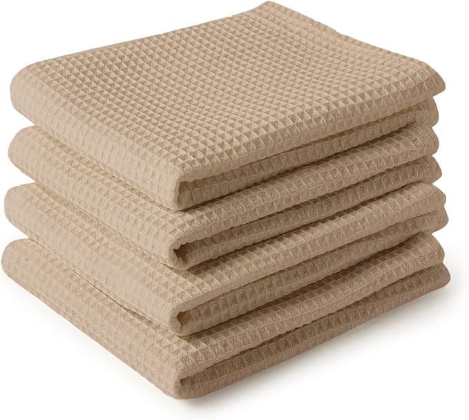 Encasa XO Kitchen Dish Towels Set | Beige | Waffle Weave and Flat Hand Tea by EncasaXO