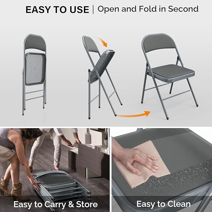 VINGLI 10 Pack Folding Chairs with Padded Seats, Metal Frame with Pu Leather Seat & Back, Capacity 350 lbs, Gray - Image 8