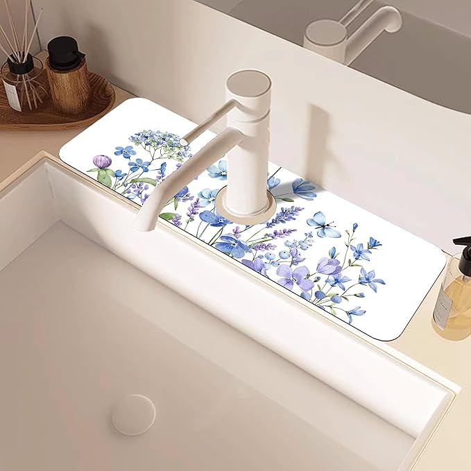 Watercolor Floral Butterfly Sink Faucet Absorbing Mat Sink Splash Guard Faucet - Image 2