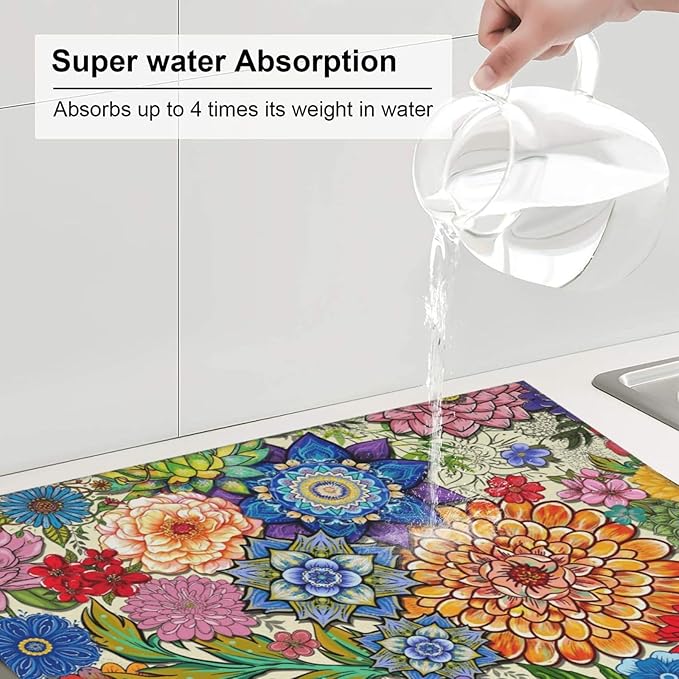 Boho Floral Dish Drying Mats for Kitchen Counter, Absorbent Microfiber Colorful - Image 4