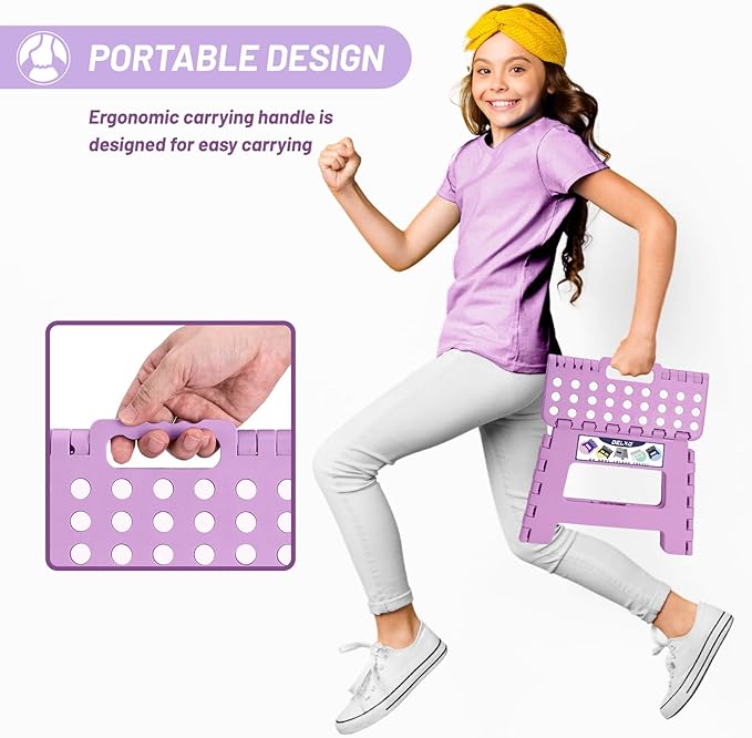 Delxo 9 inch Folding Step Stool, Non-Slip Foldable Small Stools Up to 300 LBS, Kids Step Stool with Handle Lightweight for Kitchen, Bathroom, Bedroom, Garden, Light Purple, 1PC - Image 6
