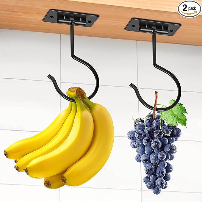 2PCS Self Adhesive Banana Hook Under Cabinet Foldable Banana Hanger Black Metal by Fitnice