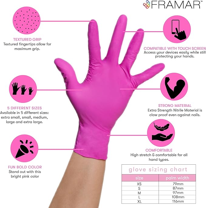 FRAMAR Pink Gloves Disposable Latex Free XL – Pink Nitrile Gloves xl, Nitrile - Image 2