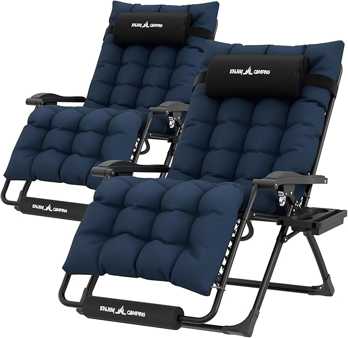 UDPATIO Oversized Zero Gravity Chair Set of 2, 29In XL Patio Reclining Chair with Cushion, Outdoor Folding Recliner with Pillows|Cup Holder|Foot Rest|Padded Headrest, Navy Blue, Support 500LB by UDPATIO