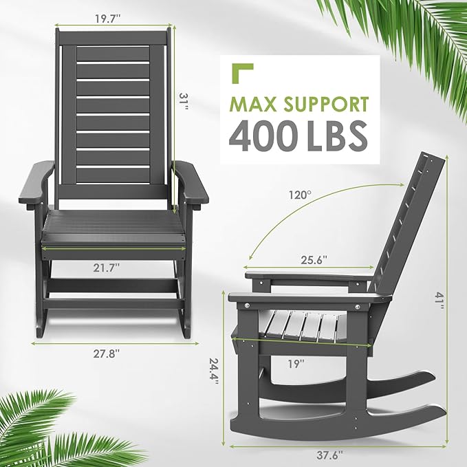 GREENVINES Outdoor Rocking Chairs | Set of 4 | Porch Rocker | HDPE Plastic | Grey | Oversized Rockers | High Back | Big & Tall | Ladder Back | for Patio Outside Backyard Balcony Garden - Image 3