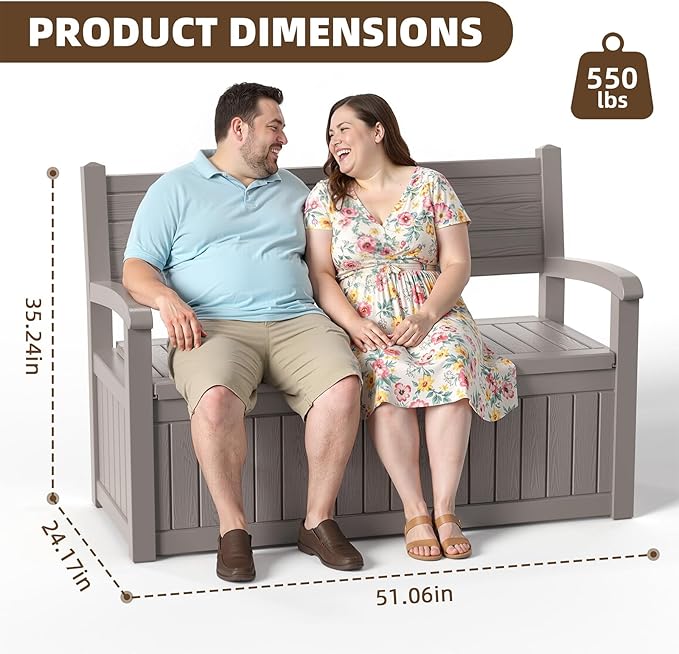 EasyUp 80 Gallon Wood Grain Style Outdoor Storage Bench, Waterproof and Lockable Deck Box Outdoor Storage Furniture for Patio,Garden,and Porch – Perfect for Storing Garden Tools and Cushions(Gray) - Image 3