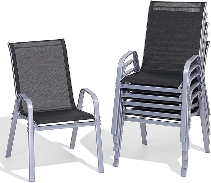 Patio Chairs Set of 6, Easily Set Up Stackable Outdoor Dining Chairs with High Back and Wide Seat, All Weather Breathable Outdoor Chairs Set of 6 with Metal Frame for Backyard Deck Pool, Black by Dovov