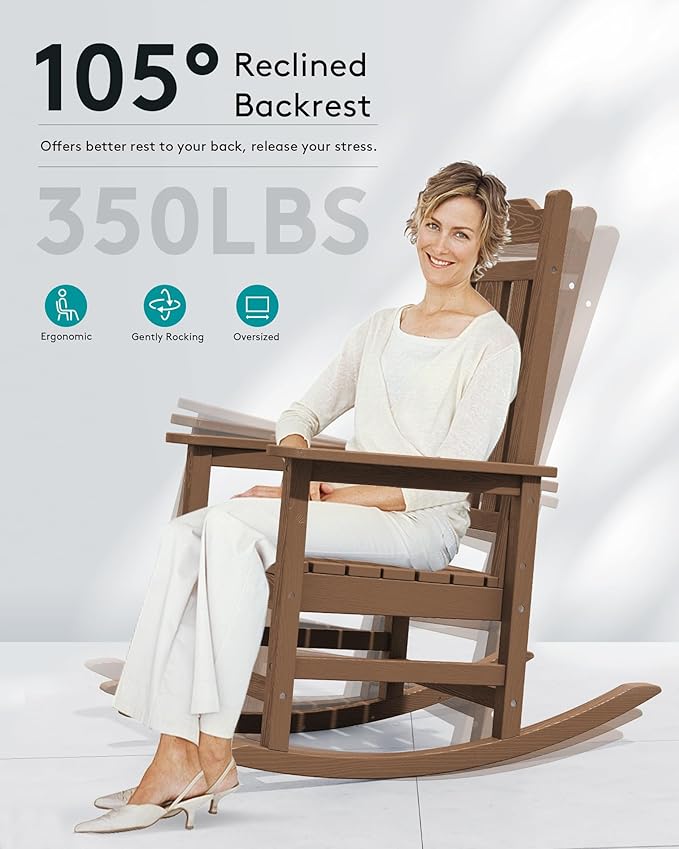 SERWALL Outdoor Rocking Chair Brown Set of 8, All Weather Patio Rocking Chair, HDPE Poly Rocking Chair for Adults, Heavy Duty Front Porch Rocker - Image 7
