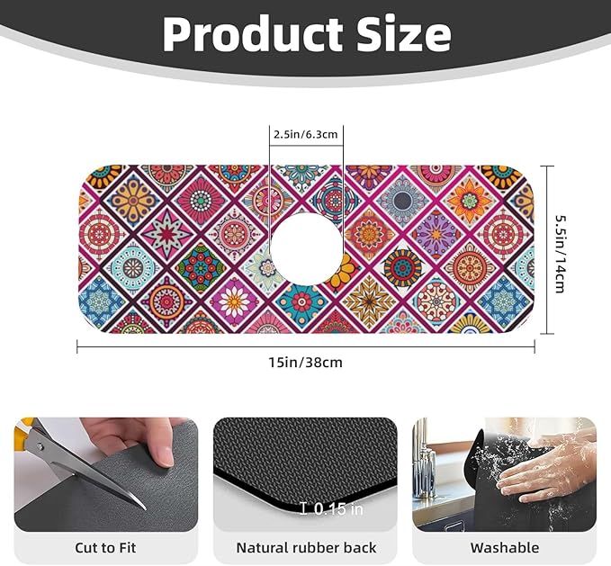 Boho Mandala Bohemian Floral Kitchen Sink Splash Guard Faucet Mat Super - Image 2