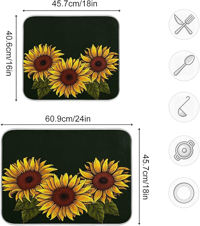 ALAZA Sunflower with Leaves On Dark Dish Drying Mat - Image 3