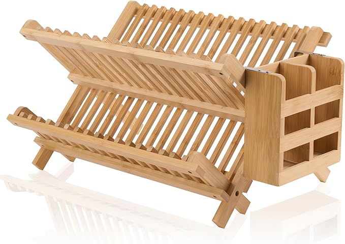 Bamboo Dish Drying Rack-2 Tier, Collapsible Small Dish Rack by NOVAYEAH