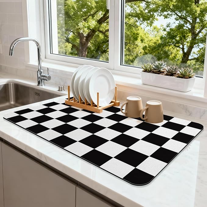 Checkered Dish Drying Mat for Kitchen Counter Coffee Mat Bar Accessories by Unknown