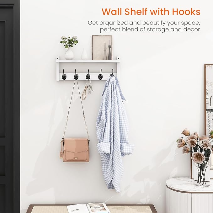 Homode Wall Shelf with Hooks, Coat Rack Wall Mount with Pegs, Hanging Entryway - Image 2