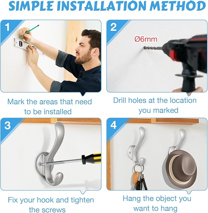 6 Pack Coat Hooks Wall Mount Heavy Duty Utility Retro Double Hooks - Image 5