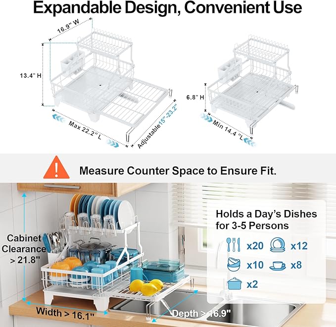 GSlife Large Dish Drying Rack 2 Tier, Expandable Kitchen Dish Drainer - Image 2