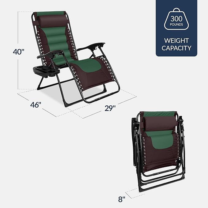 Best Choice Products Oversized Padded Zero Gravity Chair, Folding Outdoor Patio Recliner, XL Anti Gravity Lounger for Backyard w/Headrest, Cup Holder, Side Tray, Polyester Mesh - Espresso/Green - Image 3