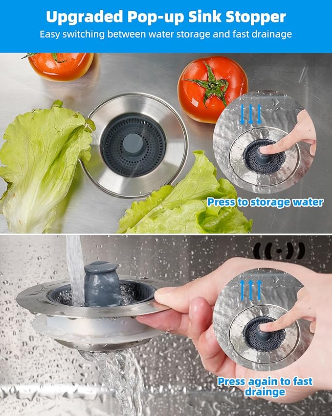 Hibbent 2 Pack Upgraded 3 in 1 Kitchen Sink Drain Strainer and Stopper Combo - Image 3