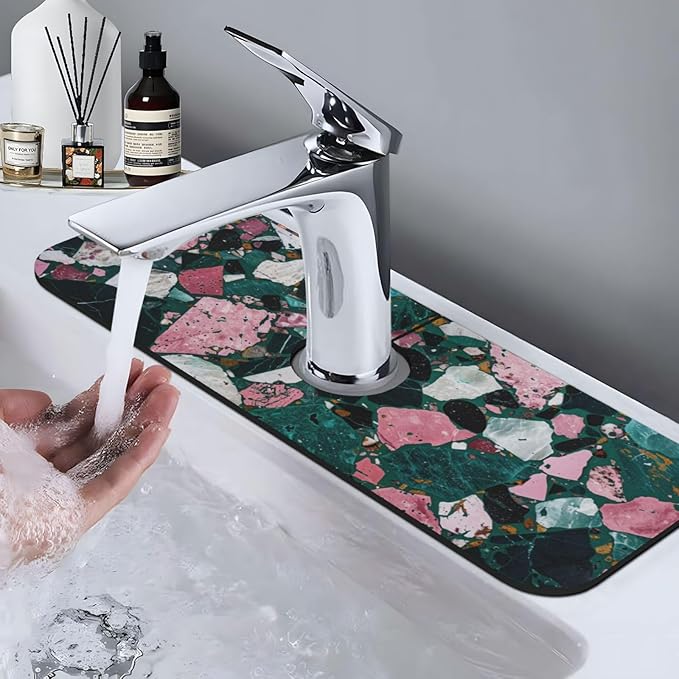 Faucet Draining Mat For Kitchen Sink, Terrazzo Dark Green Diatom Mud Absorbent - Image 7