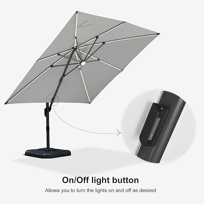 PURPLE LEAF 10 Feet Patio Umbrella with Base Outdoor Cantilever Solar Powered LED Square Umbrella Aluminum Offset Umbrella with 360-degree Rotation for Garden Deck Pool Patio White - Image 8