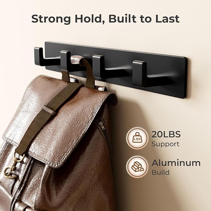 Black Wall Mounted Coat Rack- 2 Modular Rails, 8 Right-Angle Hooks, Modern - Image 3