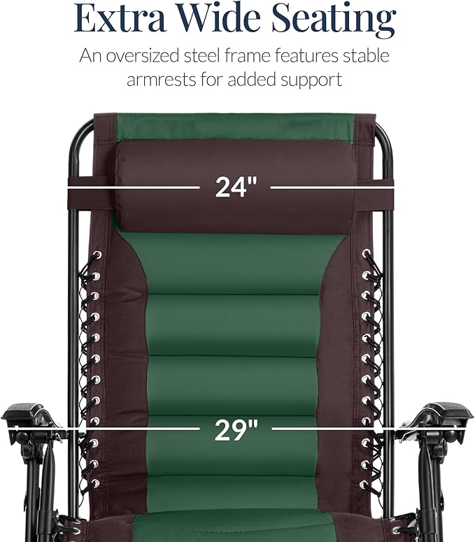 Best Choice Products Oversized Padded Zero Gravity Chair, Folding Outdoor Patio Recliner, XL Anti Gravity Lounger for Backyard w/Headrest, Cup Holder, Side Tray, Polyester Mesh - Espresso/Green - Image 4